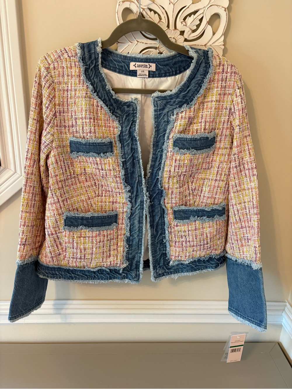 Nanette Lepore Pink Multicolor Tweed Jacket with Denim Trim